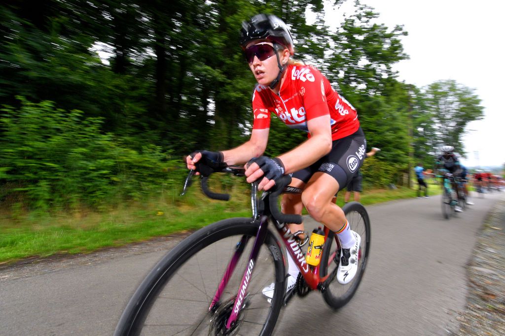 GALMAARDEN BELGIUM JUNE 24 Jolien Dhoore of Belgium and Belgium National Team Red Leader Jersey during the 9th Lotto Belgium Tour 2021 Stage 2 a 1375km stage from Galmaarden to Galmaarden LottoBelgTour LottoBelgiumTour on June 24 2021 in Galmaarden Belgium Photo by Luc ClaessenGetty Images