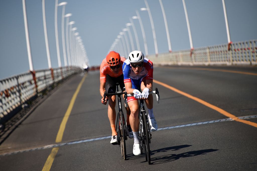 Team GroupamaFDJ rider Switzerlands Stefan Kung R and Team CCC rider Switzerlands Michael Schar ride on the Oleron viaduct at the start of the 10th stage of the 107th edition of the Tour de France cycling race 170 km between Le Chateau dOleron and Saint Martin de Re on September 8 2020 Photo by AnneChristine POUJOULAT AFP Photo by ANNECHRISTINE POUJOULATAFP via Getty Images