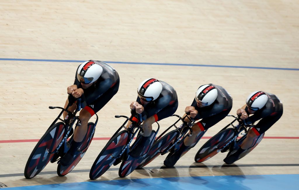 PARIS FRANCE AUGUST 06 Ethan Hayter Oliver Wood Charlie Tanfield and Ethan Vernon of Team Great Britain compete during the Mens Team Pursuit First Round on day eleven of the Olympic Games Paris 2024 at SaintQuentinenYvelines Velodrome on August 06 2024 in Paris France Photo by Tim de WaeleGetty Images