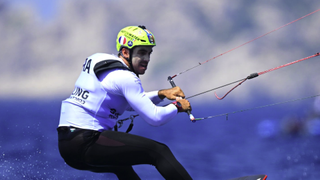  Axel Mazella of France competes his way into the Kite Finals sailing at Olympics 2024 