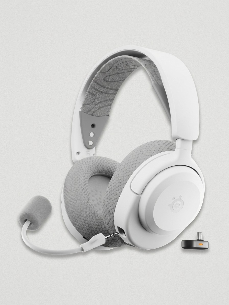 A SteelSeries Arctis Nova 3X Wireless gaming headset in white, on a grey background