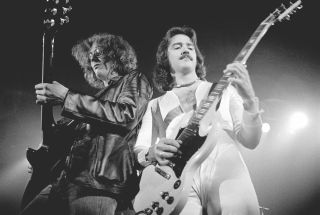 Albert Bouchard (left) and Buck Dharma perform onstage with Blue Öyster Cult in Copenhagen, Denmark on October 27, 1975