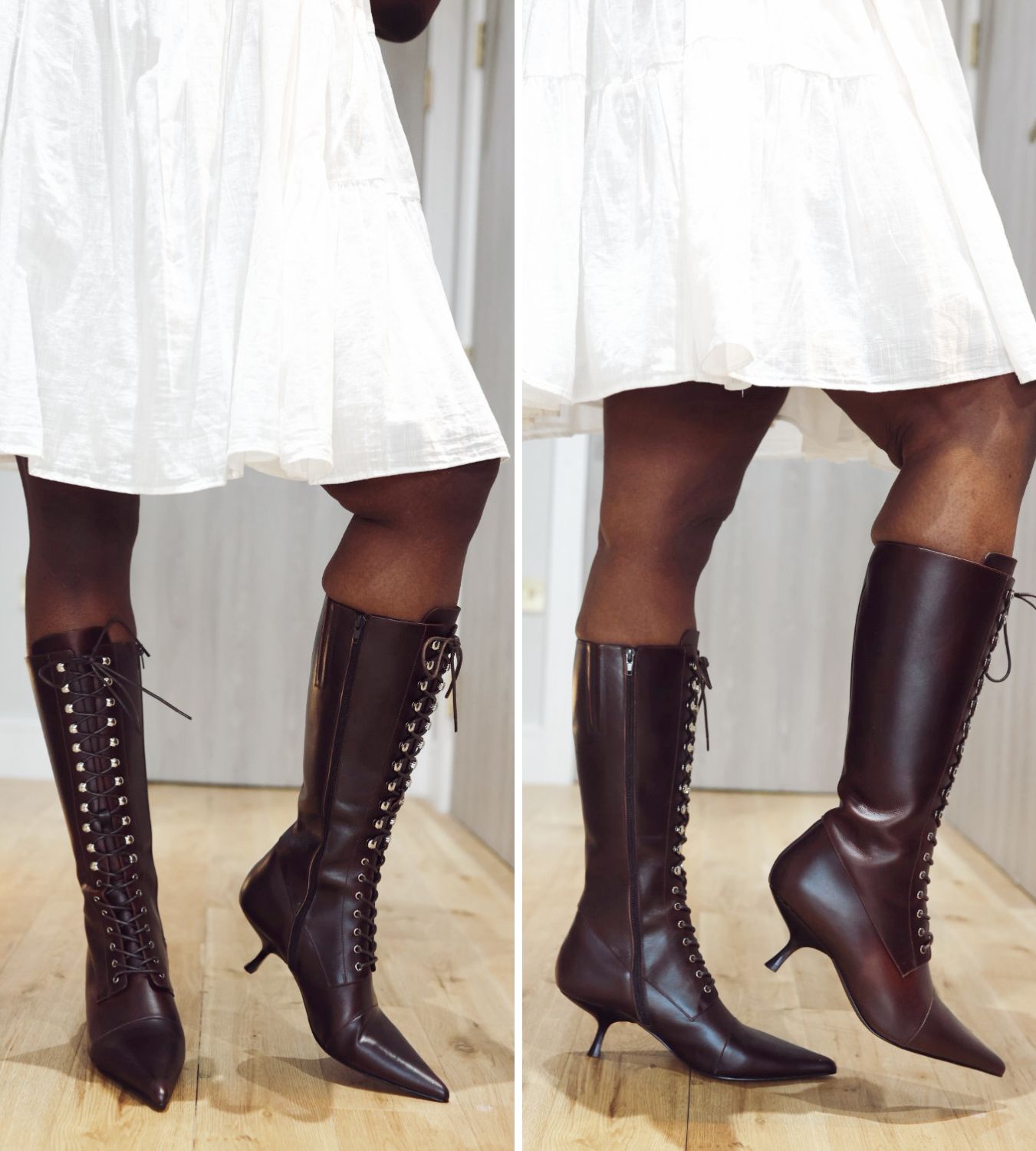 stephanie yeboah trying on the jeffrey campbell sabine lace up boots