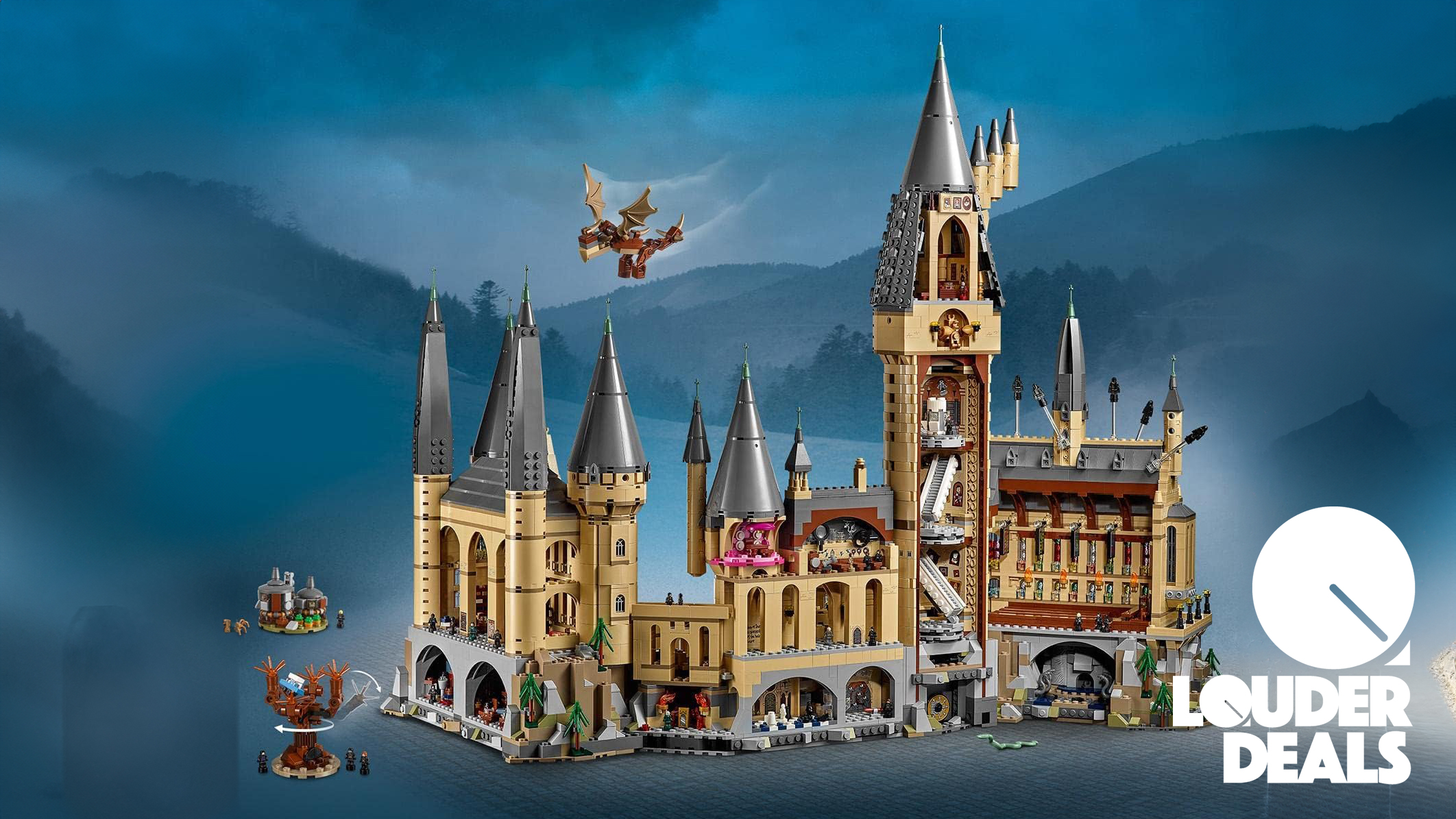 Lego Hogwarts Castle on a blue background
