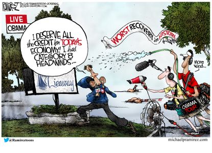 Political cartoon U.S. Barack Obama economy exaggeration weather reporter Trump