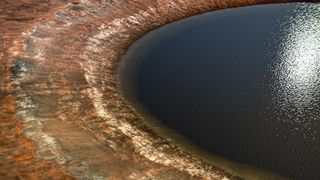 A crater on Mars filled with water, forming a lake.