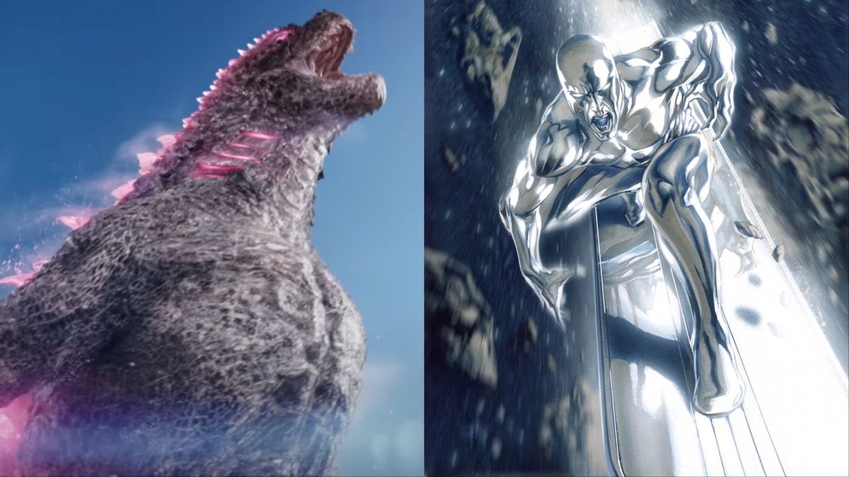 MonsterVerse&#039;s Godzilla roaring and Silver Surfer flying through asteroid field