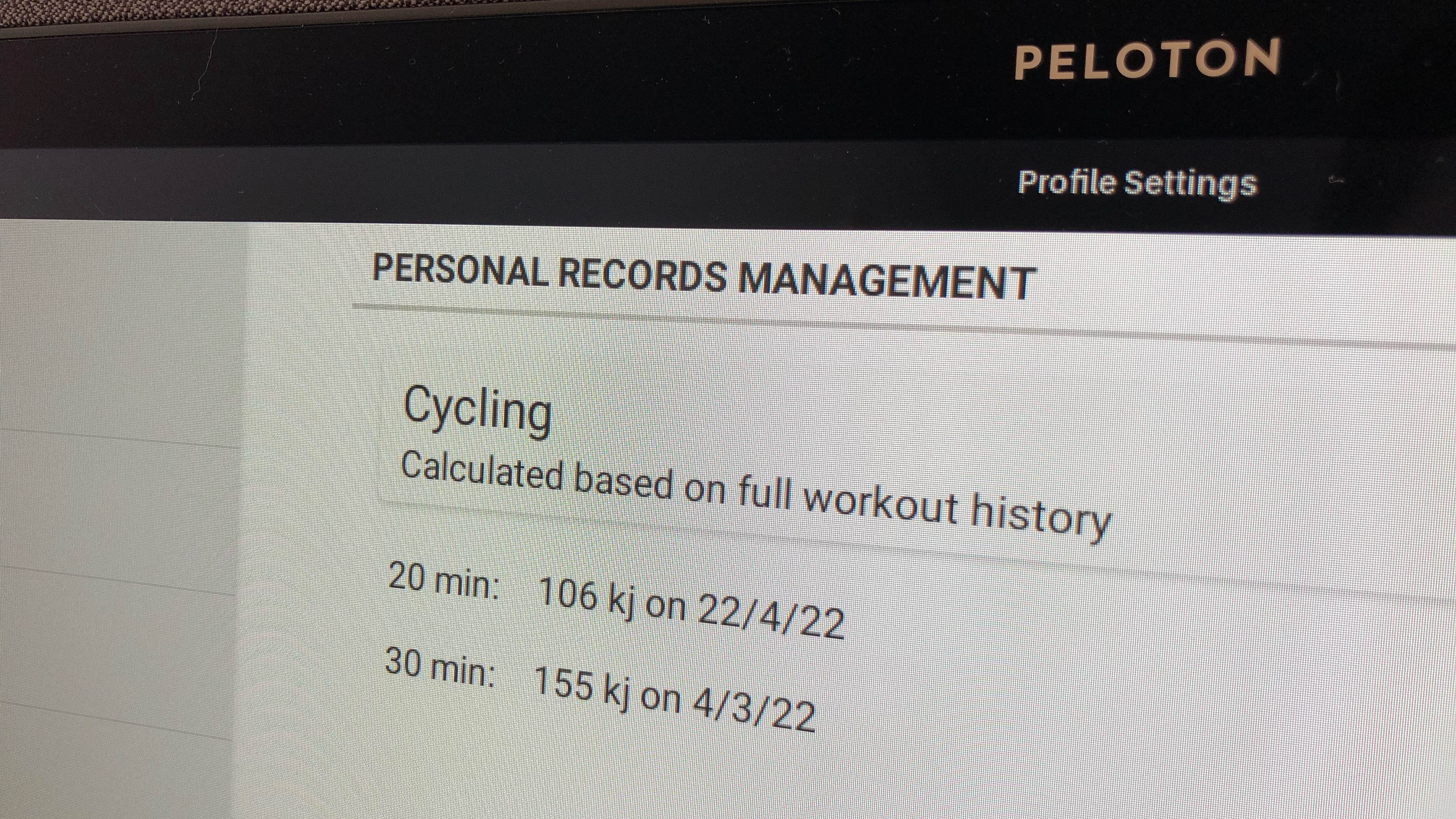 The personal records shown on the display of the Peloton Bike+