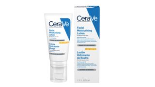 White Bottle with a blue and white label of CeraVe AM Facial Moisturizing Lotion