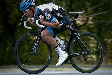 Heinrich Haussler gets into the tuck position on a downhill section of the course approaching the home straight.