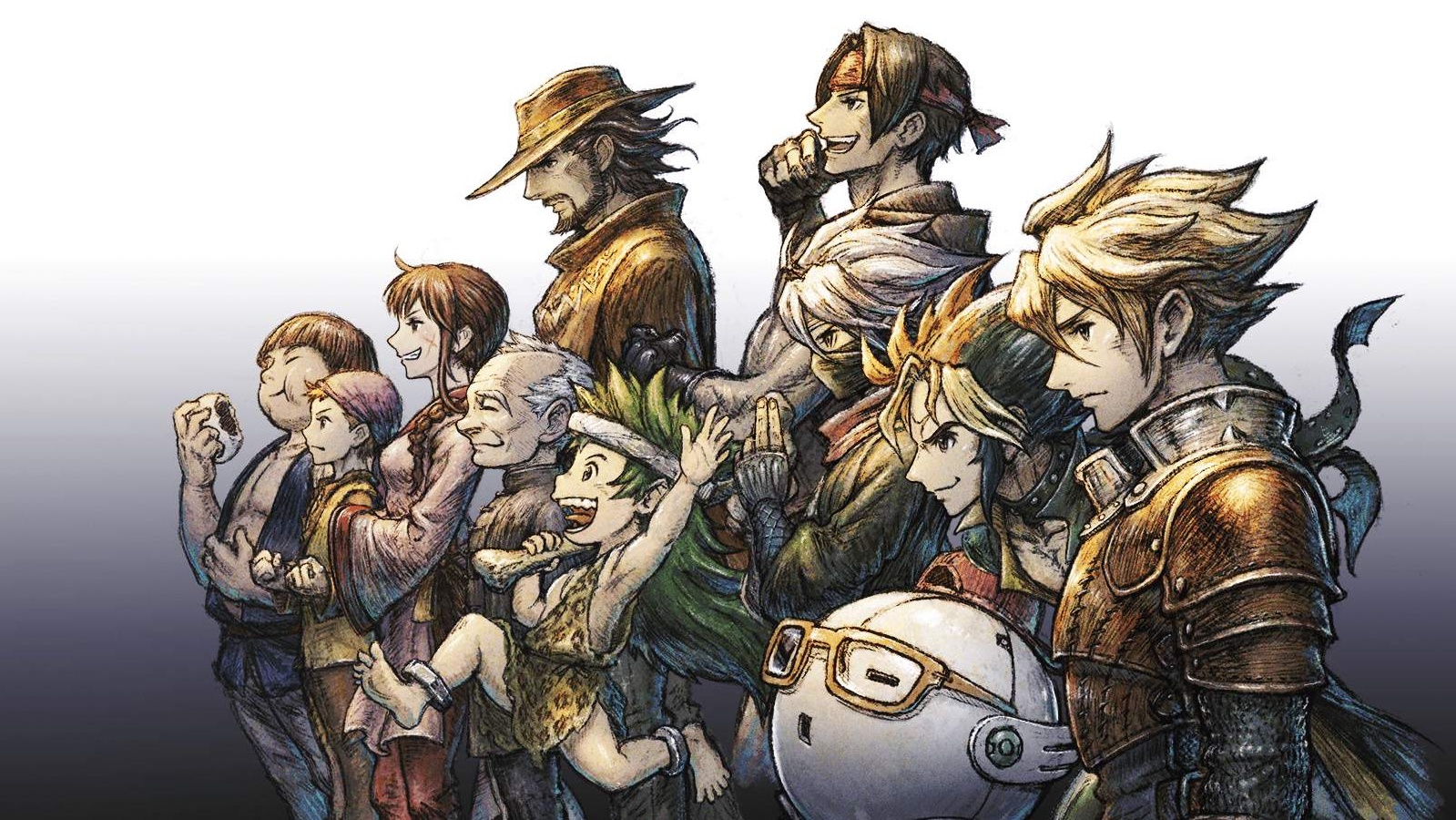 The characters of Live A Live, standing in a row in profile.