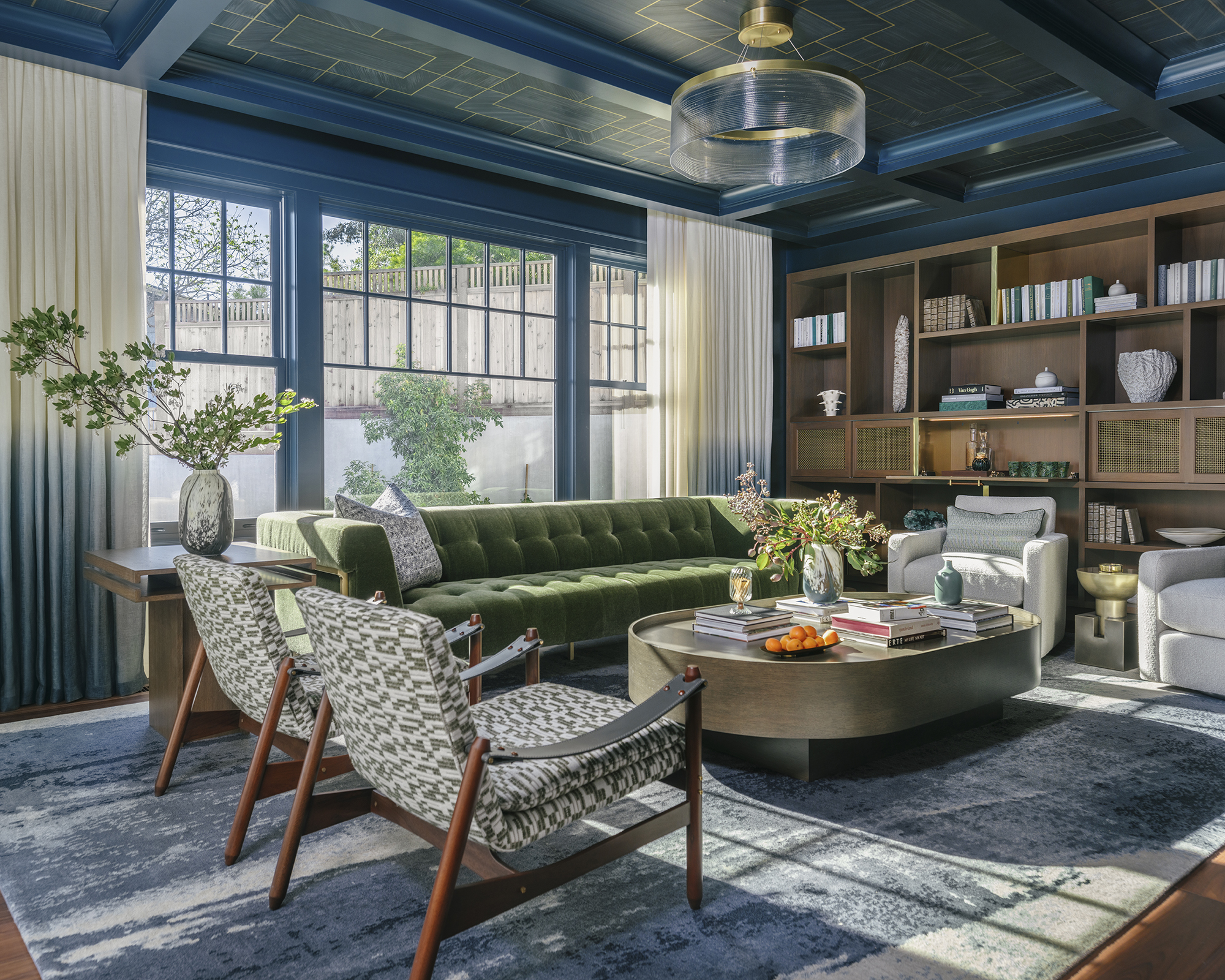 living room with blue ceiling