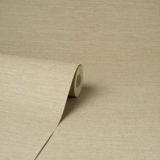 A close up of a roll of grasscloth plain beige wallpaper from Dunelm