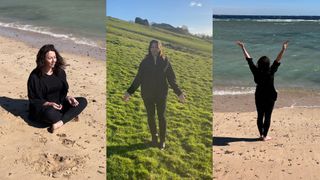 Susan Griffin doing walking yoga in three poses: Sukhasana (crossed legged on the ground), Tadasana (standing with hands by her sides), and Volcano pose (standing up with arms above her head) on a grassy hilltop and on the beach