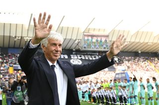 Gian Piero Gasperini, Head Coach of Atalanta BC, reacts prior to kick off of the Serie A match between Udinese Calcio and Atalanta BC at Dacia Arena on October 09, 2022 in Udine, Italy.