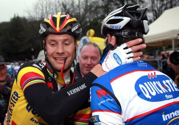 Boonen embraces his Quick Step teammates after the stage