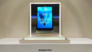 The Rollable flex screen fully unfurled, showing off an large iceberg that extends deep into the water