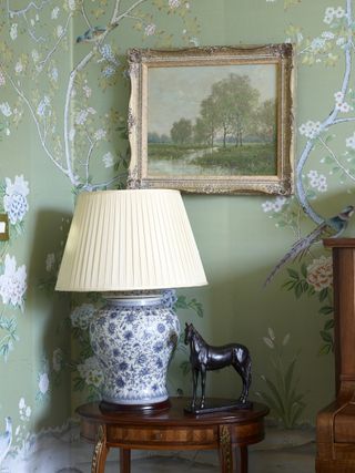 lamp and floral wallpaper in Victorian rectory