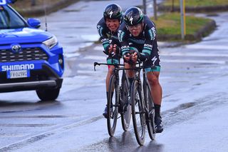 Oscar Gatto and Rafal Majka ride to the finish of the Tirreno-Adriatico team time trial after crashing with a spectator