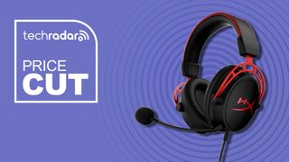 A HyperX Cloud Alpha gaming headset on a purple background with white price cut text