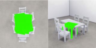 A Sims 4 mod showing a bright green table inside another table.