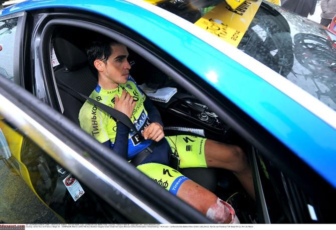Alberto Contador in the team car after abandoning the Tour de France