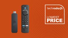 Amazon Fire TV Stick 4K with AI-powered Fire TV Search on orange background with lowest price TechRadar icon