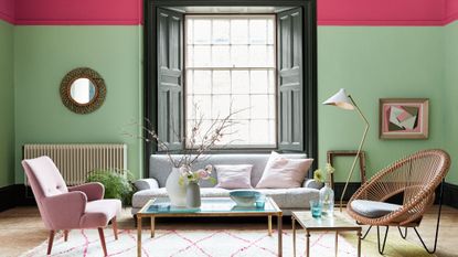 How much does it cost to paint a room – Abstract living room with pink and green walls and stripy carpet