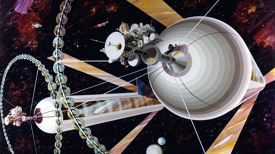 An illustration of the concept of space cities. there are two cylinder shaped vessels surrounded by smaller rotating circles.