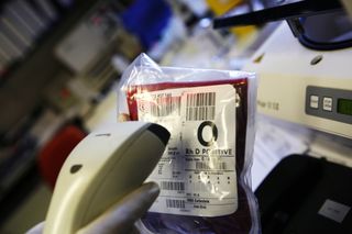 Technician scanning bar code on bags of donated blood. 
