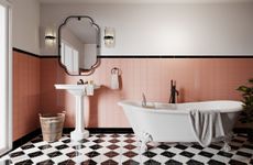 bathroom tile trends hand painted pink tiles and checkerboard flooring