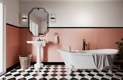 bathroom tile trends hand painted pink tiles and checkerboard flooring