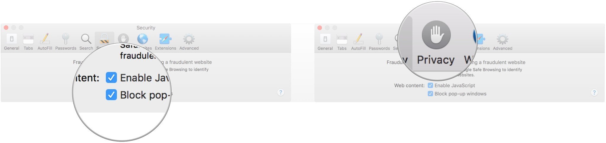 Click Block pop-up windows, click Privacy