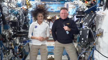 NASA astronauts Suni Williams (left) and Butch Wilmore, who flew to the International Space Station on Boeing's Starliner capsule in June 2024, discuss their mission during a press conference from the ISS on Sept. 13.