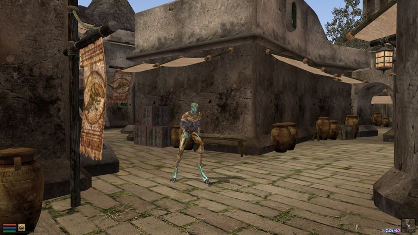 An argonian walks down an empty street in one of Morrowind&#039;s towns