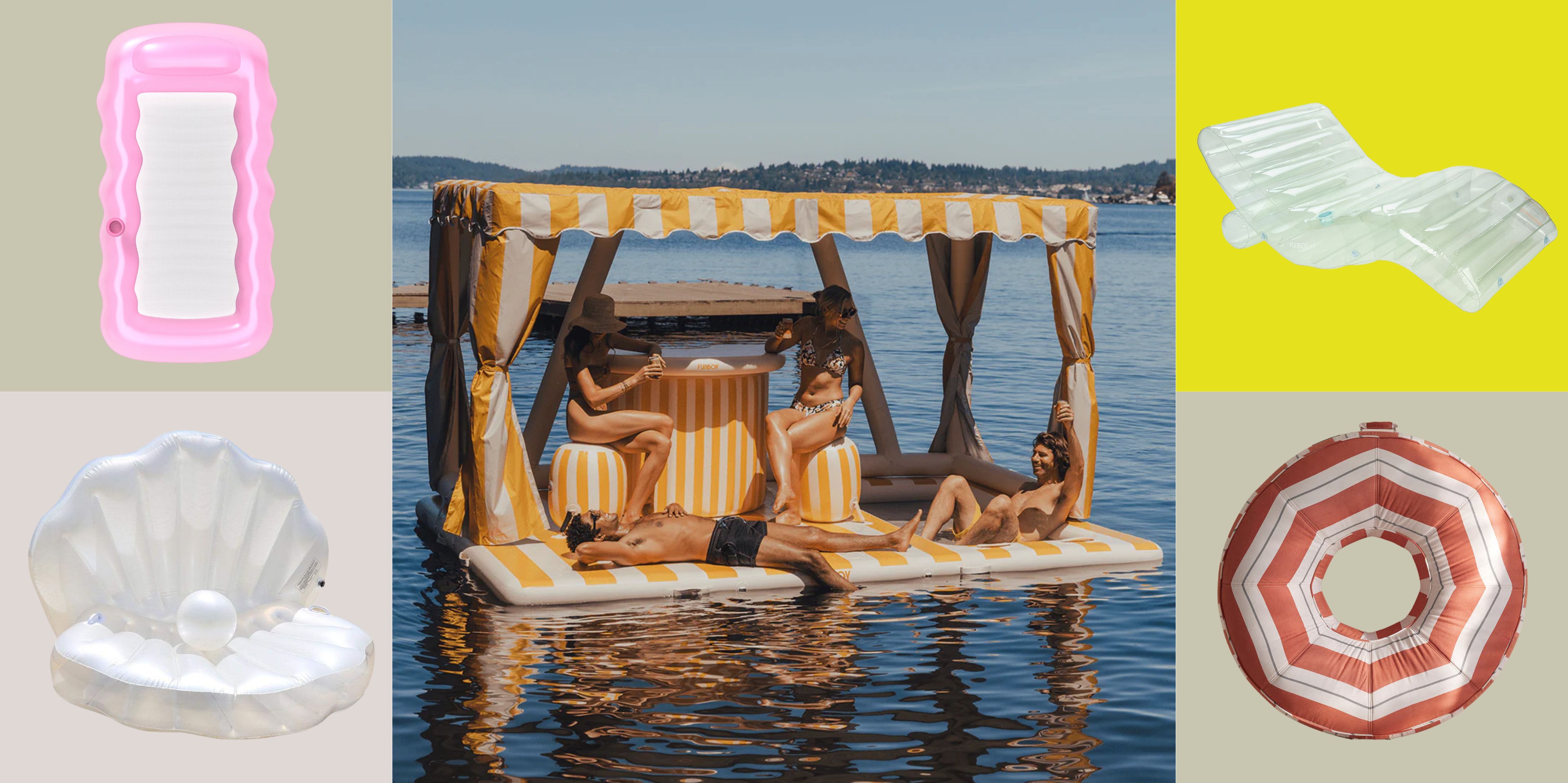 Stylish pool floaties, including the viral Giant Cabana Island by Funboy, a mesh pink wavy border lounger, seashell float, transparent seaglass chaise, and a vintage striped inflatable ring, pictured against a brightly checkered background