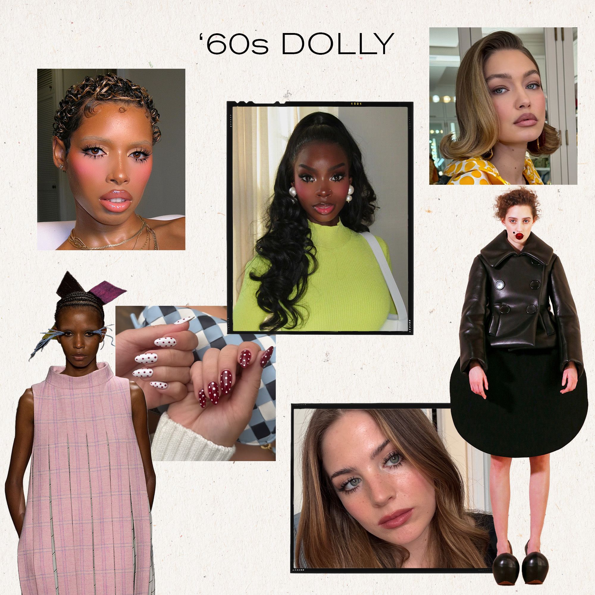 Photo collage of '60s doll-inspired makeup and hair looks
