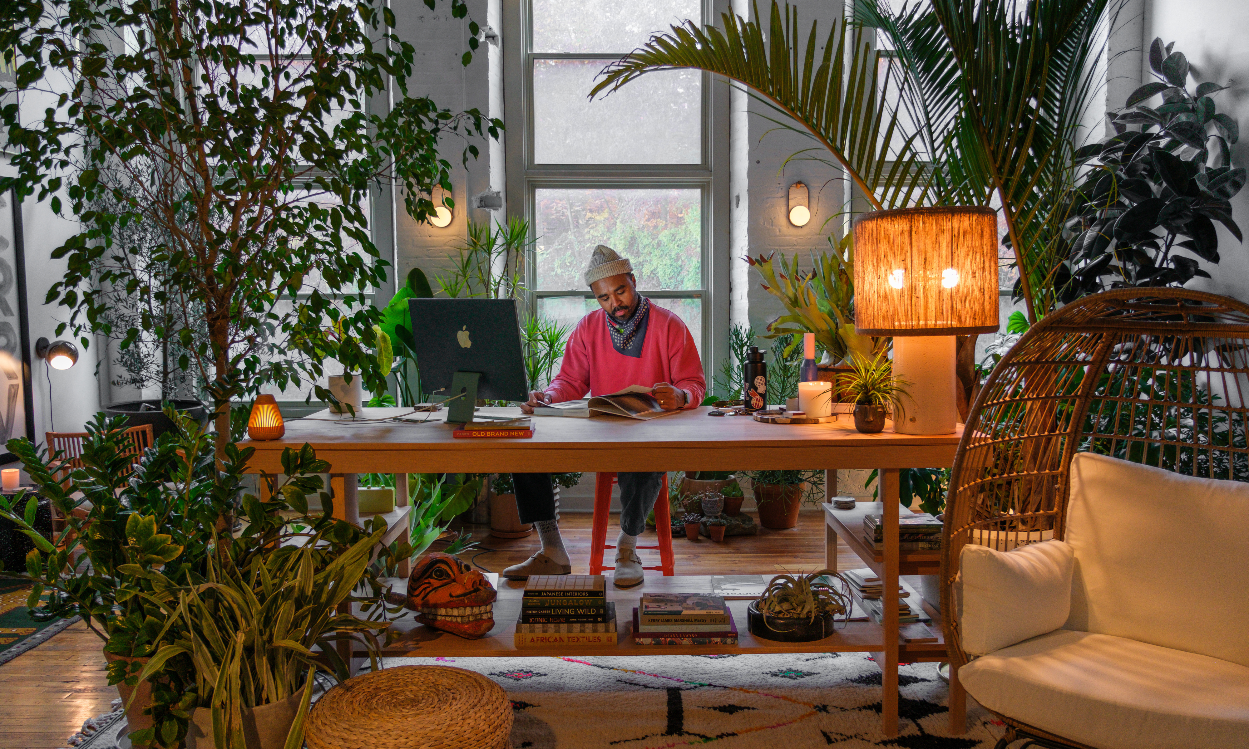 Man in pink sweater sat behind a desk surrounded by large houseplants