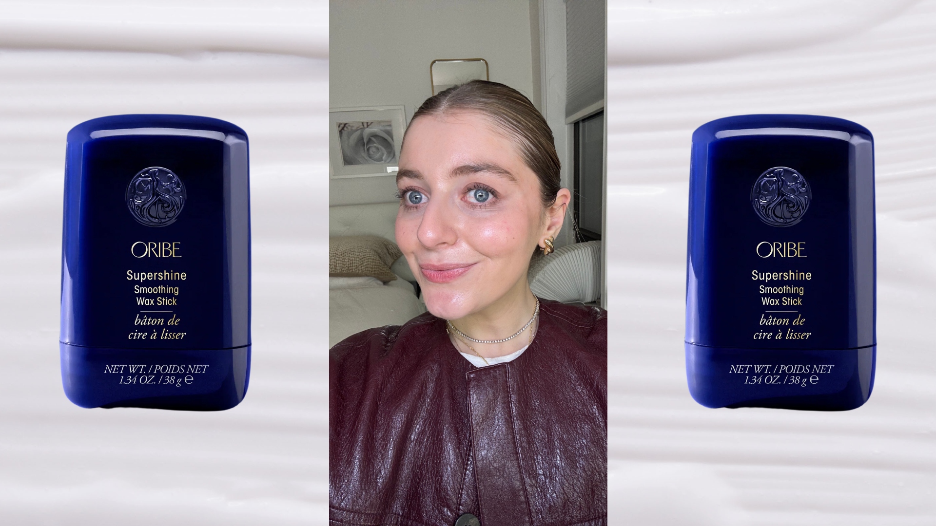 samantha holender on a white background next to oribe slick back stick