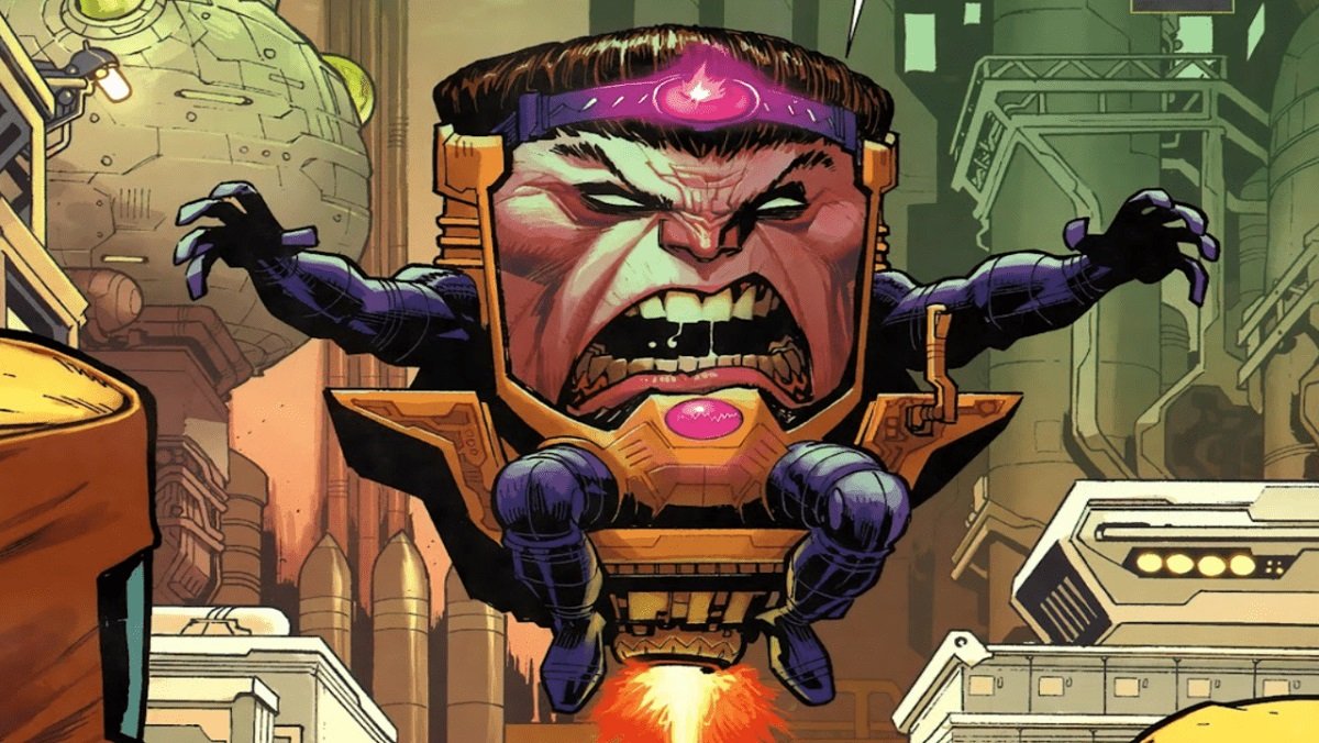 MODOK screams as he prepares to charge his lazer in a Marvel comic