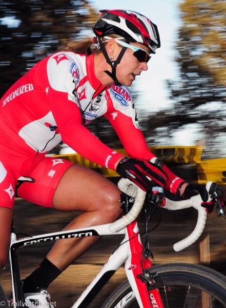 Meredith Miller (California Giant Berry) riding through dusty S-turns in third place