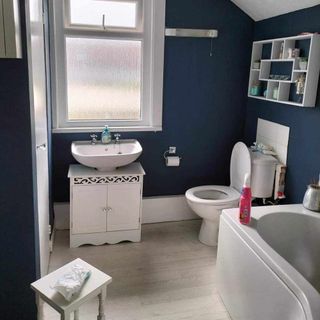 blue bathroom with white wall shelf