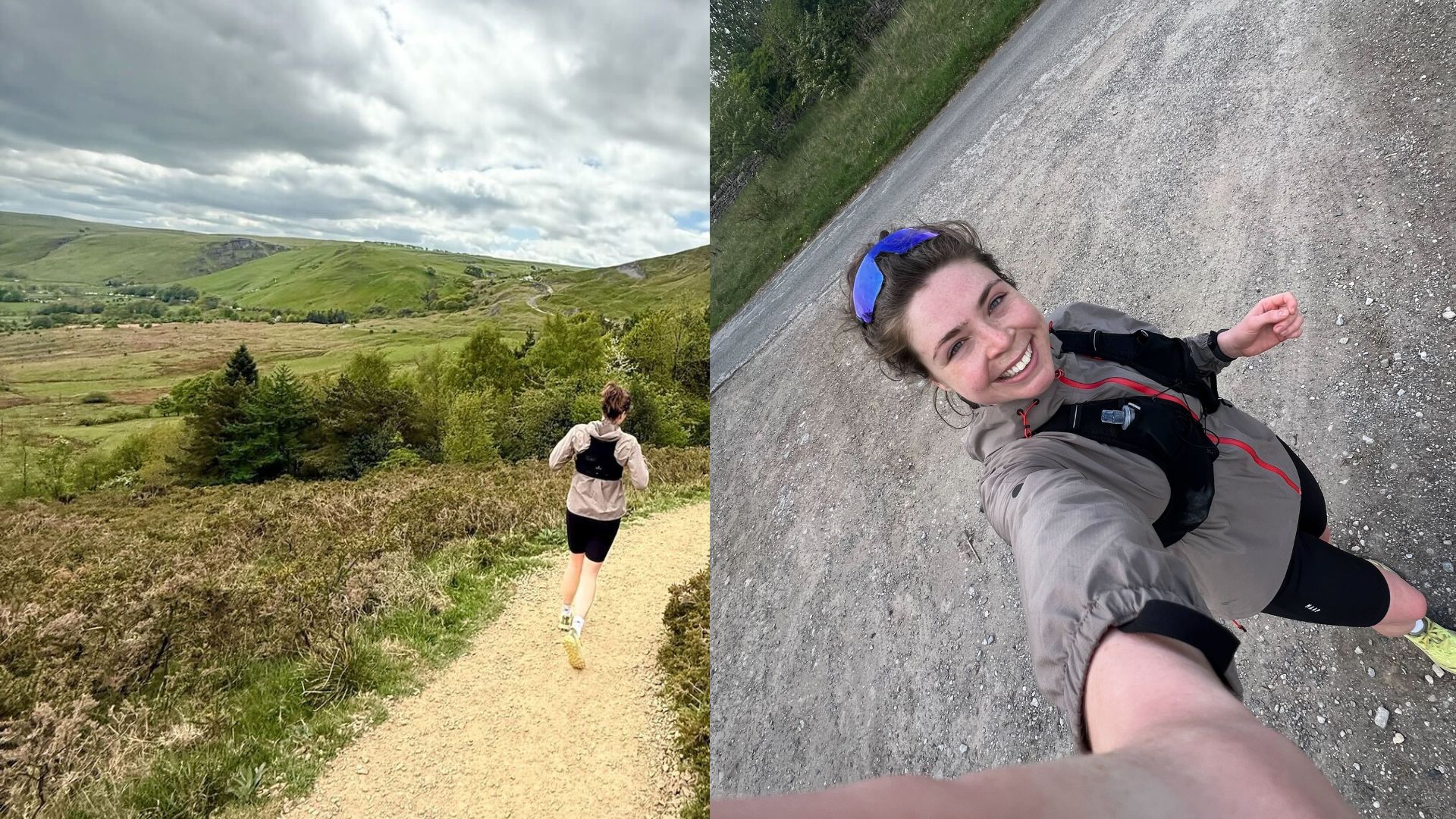 Digital Health Editor Grace Walsh Jeffing in the Peak District over grassy area and gravel