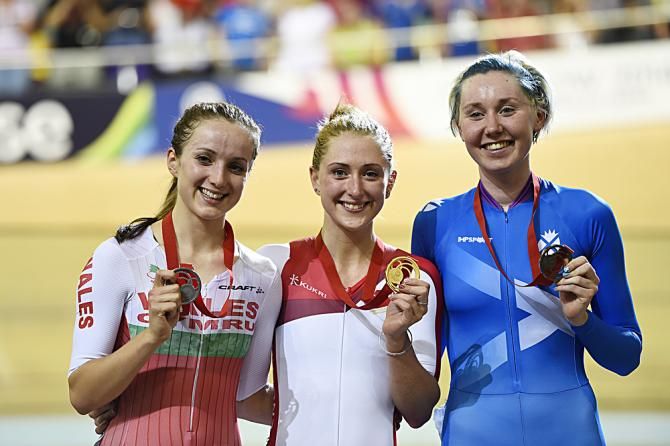 The women's points race podium: Elinor Barker, Laura Trott and Katie Archibald