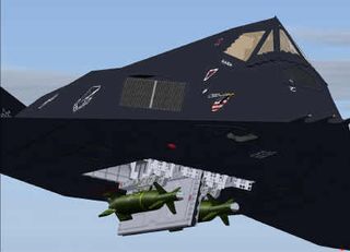 The airframe has been modelled down to the gold rims of the cockpit and the sheen of the paint. Everything on the F117A is designed to reflect or hide from radar. However they never quite worked out how to drop the bombs without opening big, radar detecta