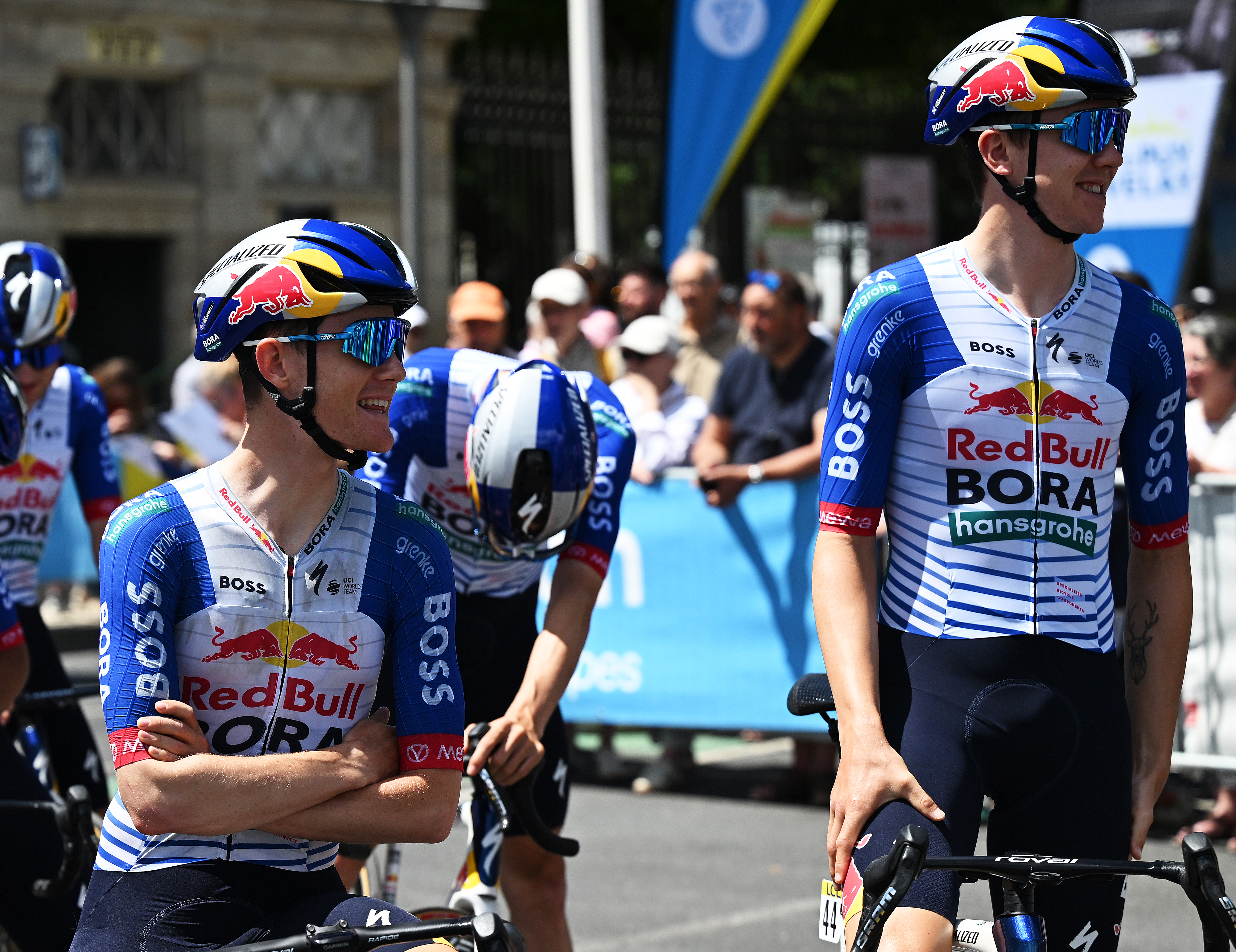 LE PUY-EN-VELAY, FRANCE - JUNE 10: (L-R) Luke Tuckwell of Australia and Callum Thornley of Great Britain and Team Red Bull - BORA - hansgrohe prior to the 78th Tour Auvergne-Rhone-Alpes 2026, Stage 4 a 167.4km stage from Le Puy-en-Velay to Montrond-les-Bains / #UCIWT / on June 10, 2026 in Montrond-les-Bains, France. (Photo by Dario Belingheri/Getty Images)