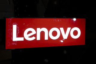 The Lenovo logo displayed on the company stand during the Mobile World Congress 2023