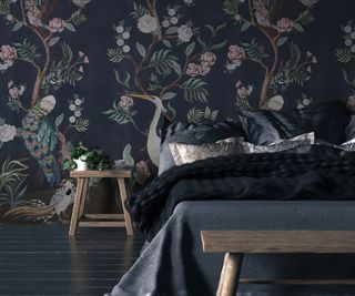 bedroom with exotic wallpaper