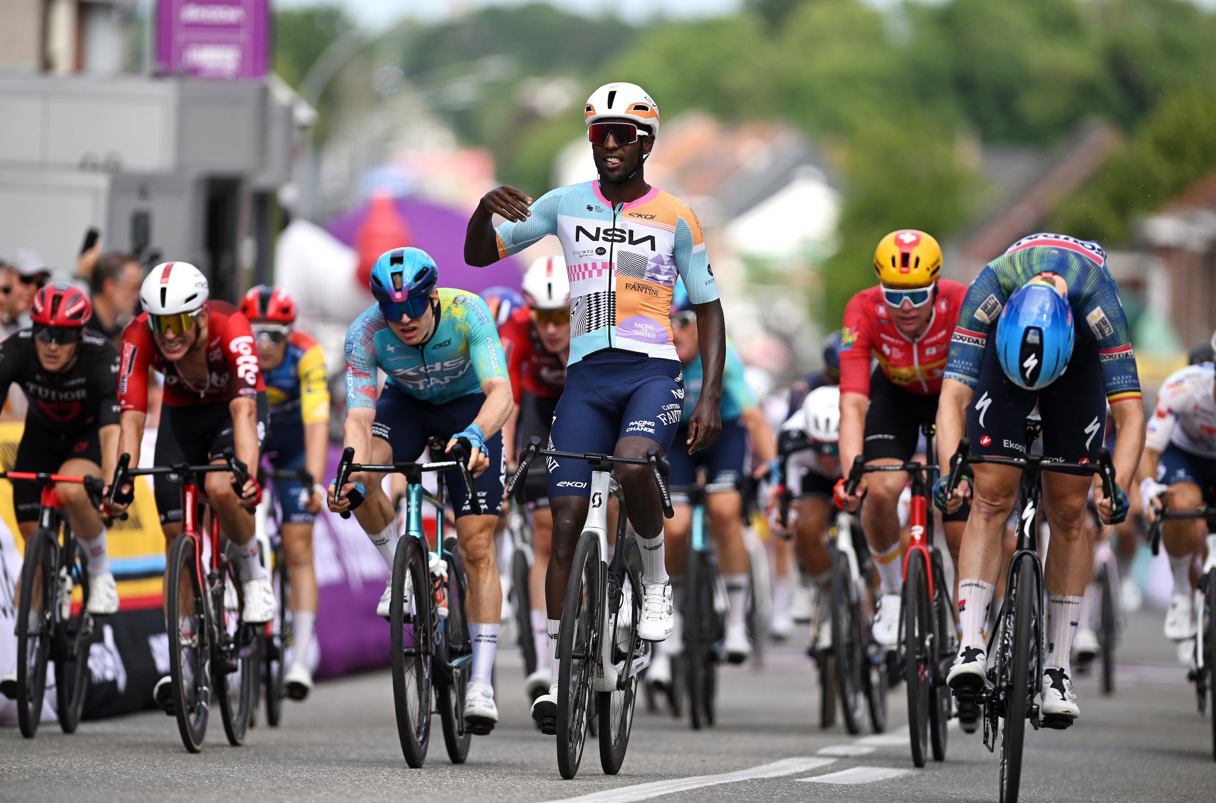 SCHERPENHEUVEL-ZICHEM, BELGIUM - JUNE 17: Biniam Girmay of Eritrea and Team NSN Cycling celebrates at finish line as stage winner during the 95th Baloise Belgium Tour 2026, Stage 1 a 188.3km stage from Scherpenheuvel-Zichem to Scherpenheuvel-Zichem on June 17, 2026 in Scherpenheuvel-Zichem, Belgium. (Photo by Luc Claessen/Getty Images)
