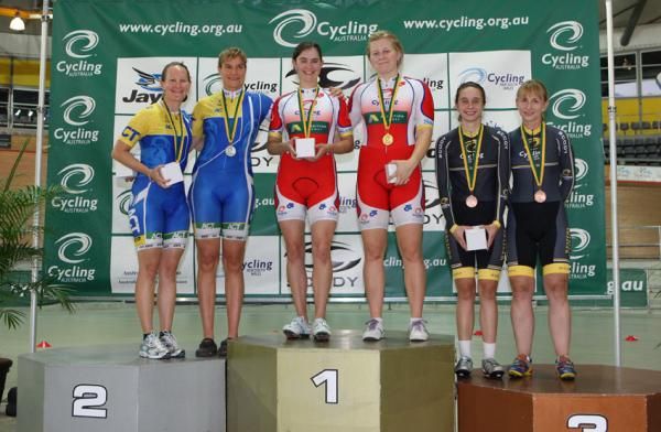 The podium for the women's Para tandem time trial: Kerry Knowler and Brandie O'Connor (silver), Felicity Johnson and Stephanie Morton (gold) and Victoria Dilley and Amanda O'Connor (bronze).
